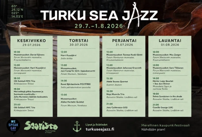 Turku festivaalit: Turku Sea Jazz ohjelmisto 29.7.-1.8.2026, johon kuuluu muun muassa Harri Kuusijärvi, Joe Calderazzo ja Camilla George.